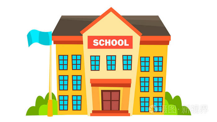 学校建筑向量。现代城市大学。法萨德外观。砖。孤立的平面卡通插图